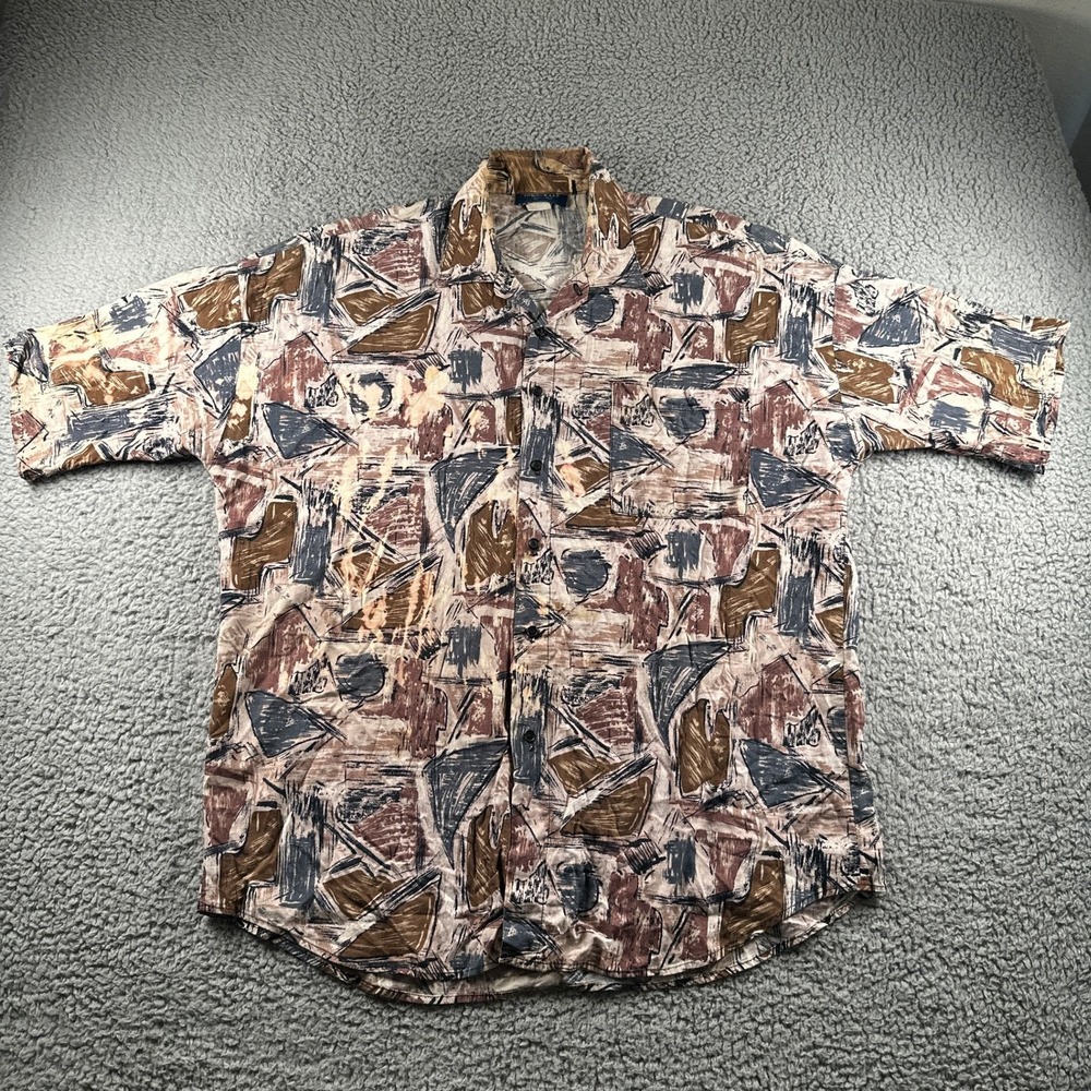 Vtg Towncraft Shirt Mens L Button Up Abstract Print Tan Rayon Blend Made in USA